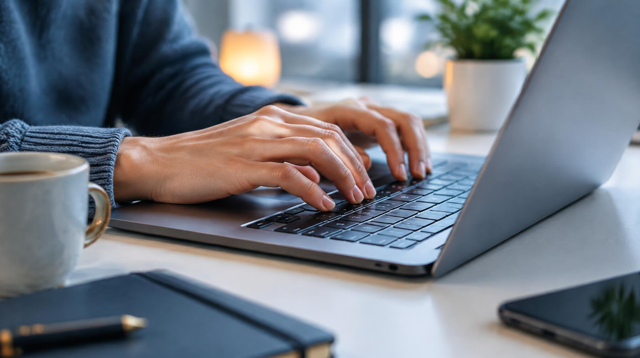 Hands typing on a laptop keyboard