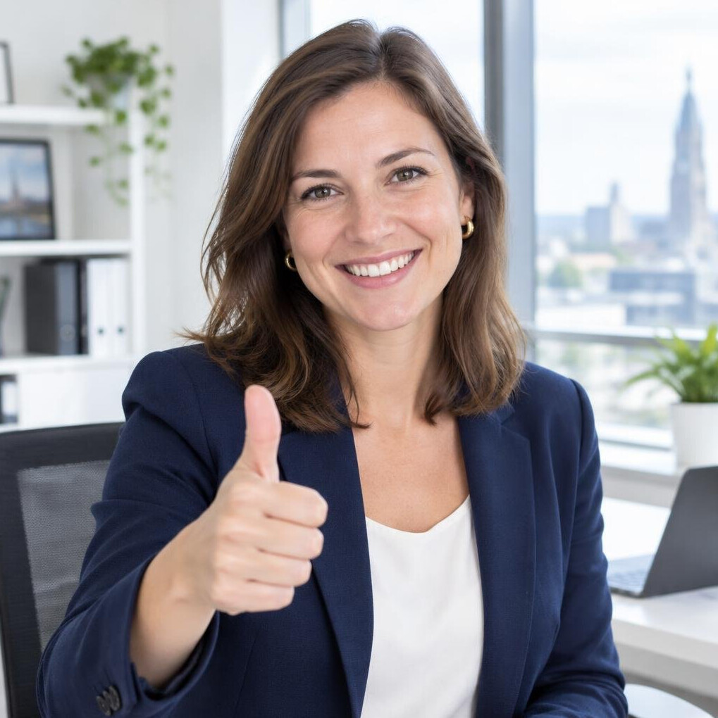 Smiling businesswoman giving a thumbs up in an office